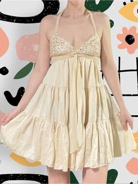 BCBGMaxAzria | Y2K 100% Silk Cream Beaded Bust Halter Babydoll Mini Dress